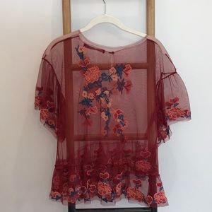 Embroidered mesh blouse